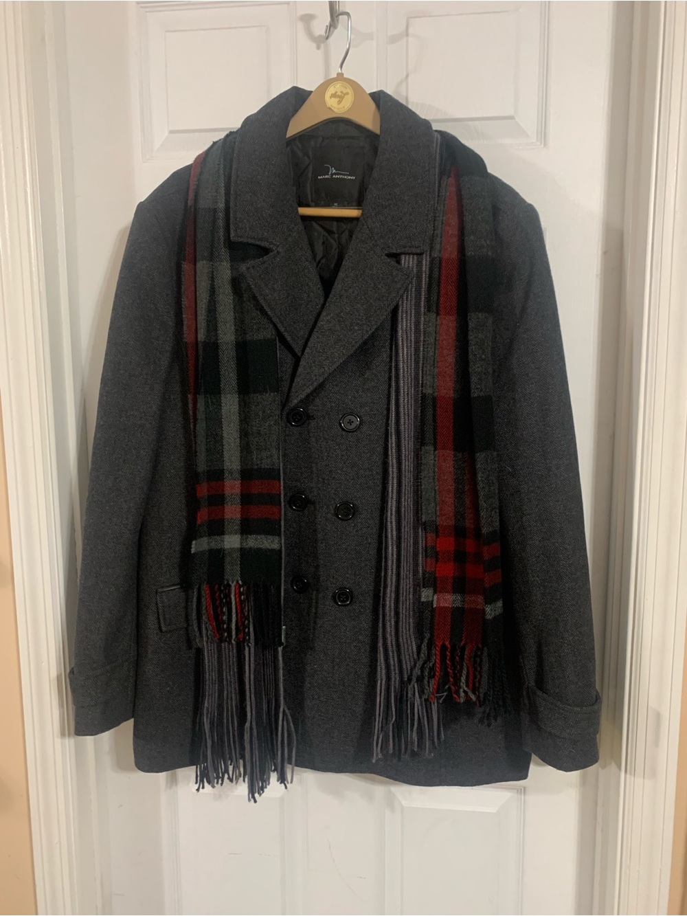 Marc Anthony Gray Double-Breasted Peacoat with Plaid Scarf